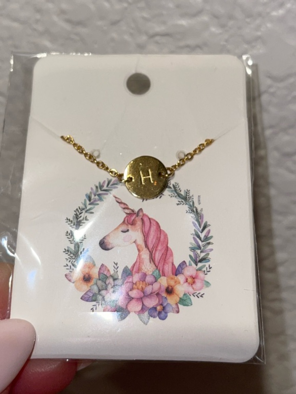 Source Unknown Gold Initial 'H' Necklace with Pink Unicorn Card